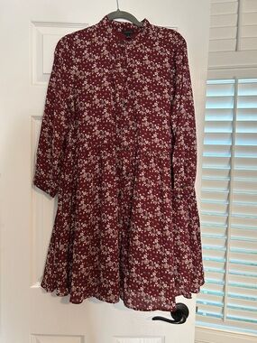Ann Taylor Burgundy Floral Button-Front Casual Dress